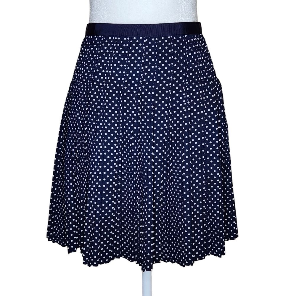 J. Crew Navy White Polka Dot Pleated A-Line Flare Skirt Womens 8 Light Academia